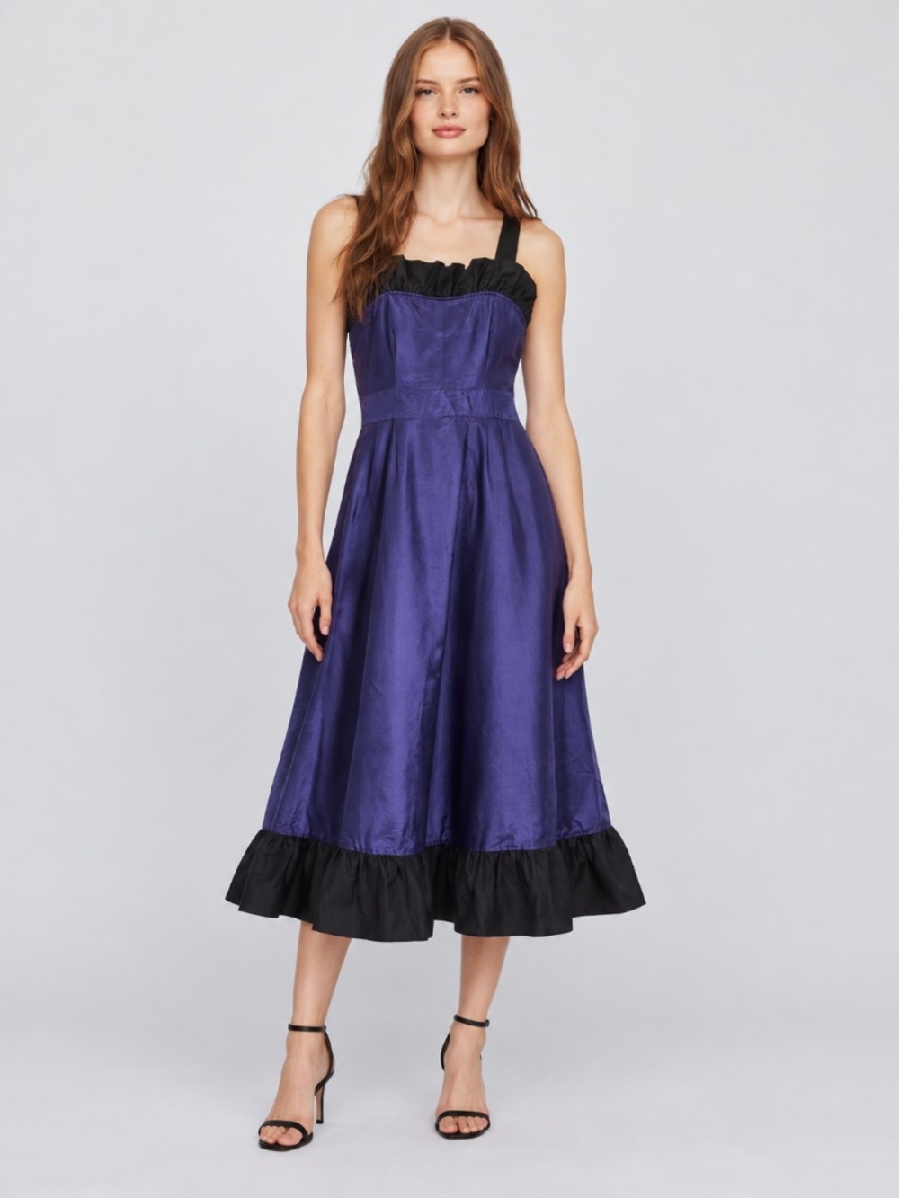 BURU Purple Black Ruffle Midi Dress Fit & Flare Sleeveless Made USA Sz S